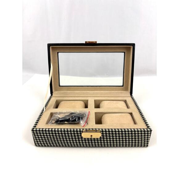 4 Slot Watch Box With Lock Watch Storage Box Houndstooth Pattern - Picture 1 of 16
